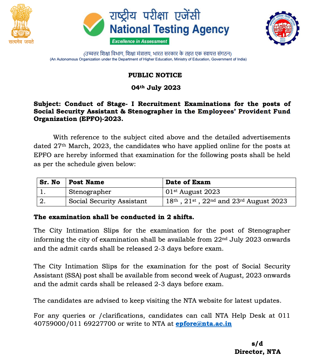 EPFO SSA Exam Date 2023 Out, SSA Exam Schedule