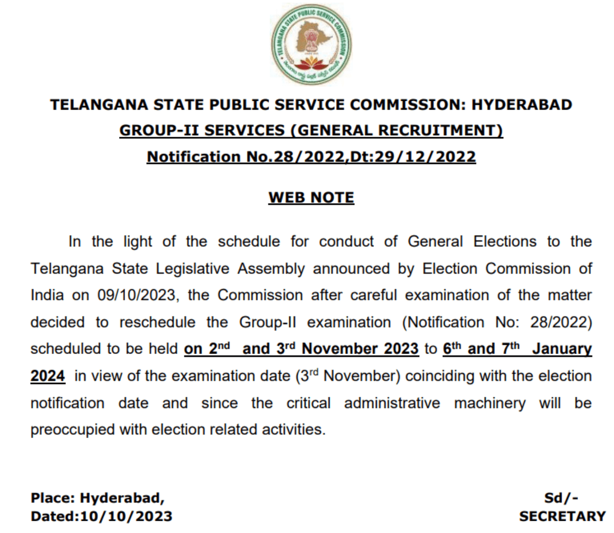 TSPSC Group 2 Notification 2023 for 783 Posts, Exam Date Out