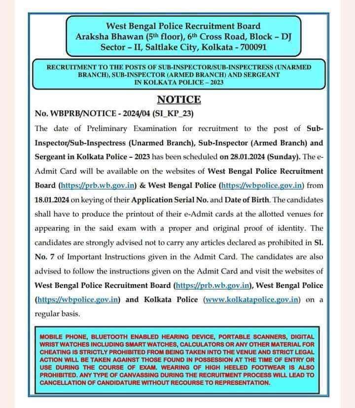 Kolkata Police SI Exam Date 2024 Out, Check Exam Schedule_3.1
