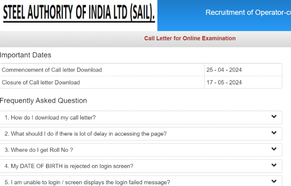 SAIL OCTT Admit Card 2024