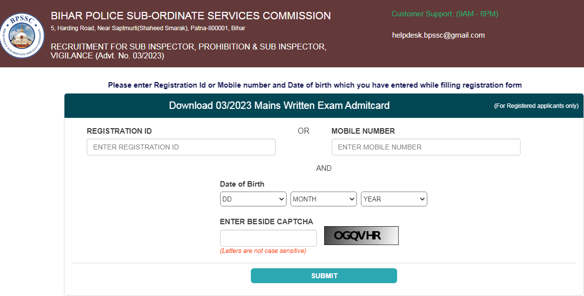 Bihar Police SI Mains Admit Card 2024