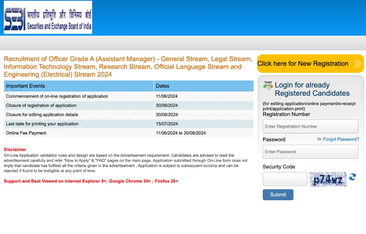 SEBI Grade A Apply Online 2024 Ends on 30 June, Application Form Link