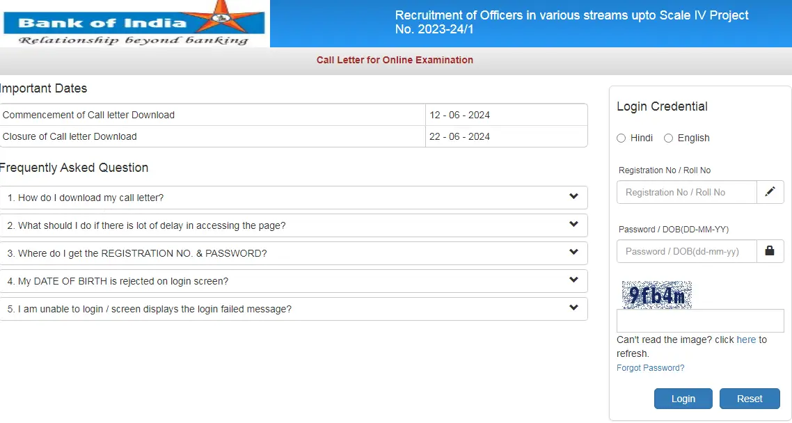 Bank of India Admit card 2024
