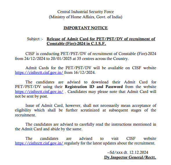 CISF Constable Fireman PET PST Dates 2024 and Hall Ticket Out, Check Schedule_3.1