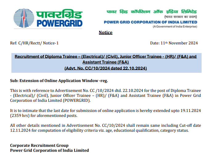 PGCIL Recruitment 2024 Notification Out, Last Date Extended till 19th November_3.1