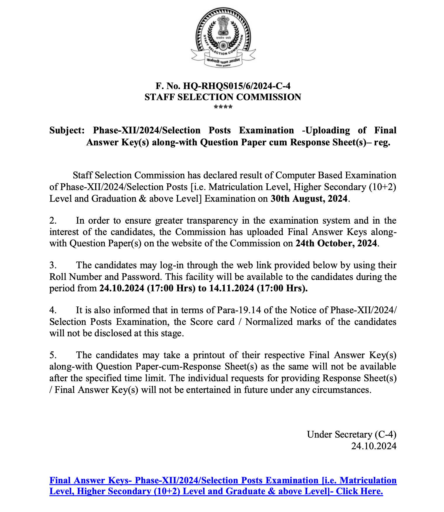 SSC Selection Post Phase 12 Final Answer Key 2024 Out, Response Sheet PDF_3.1