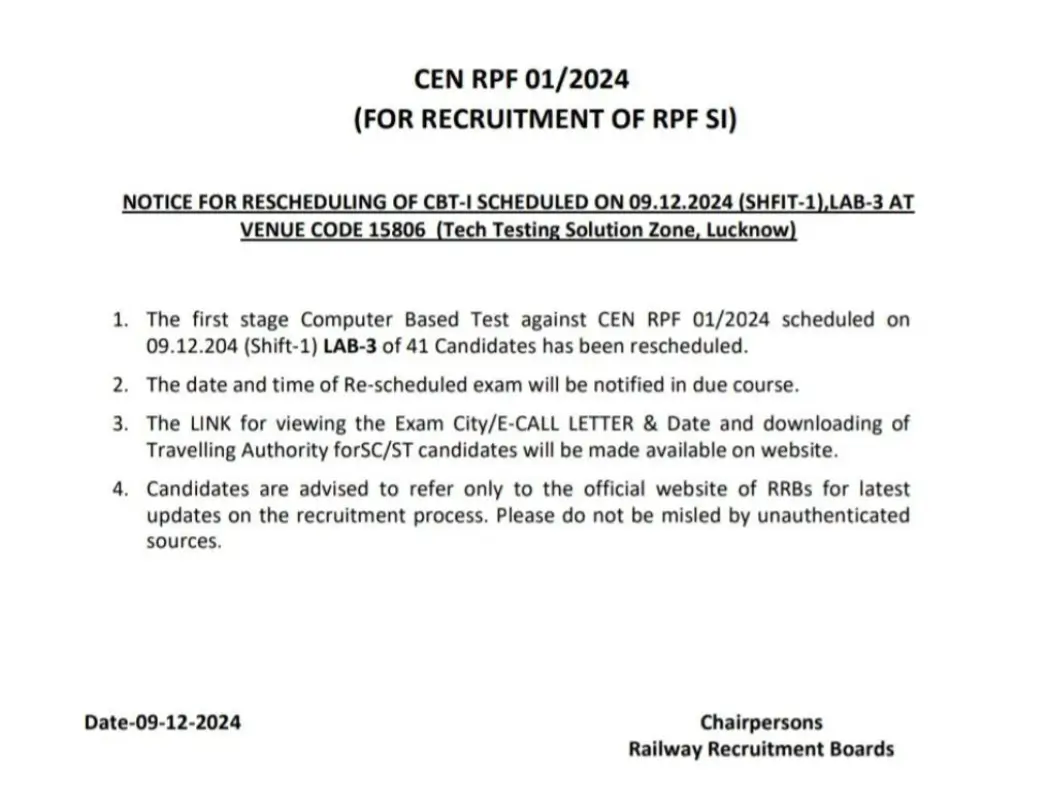 RPF SI Exam Date 2024 Out, CBT 1 Exam Rescheduled for Lucknow Center_3.1