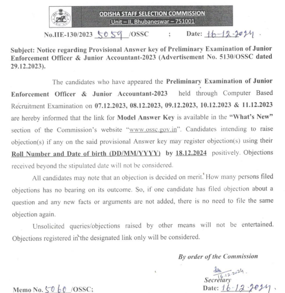 OSSC JEO and JA Answer Key 2024 Out, Response Sheet Link_3.1