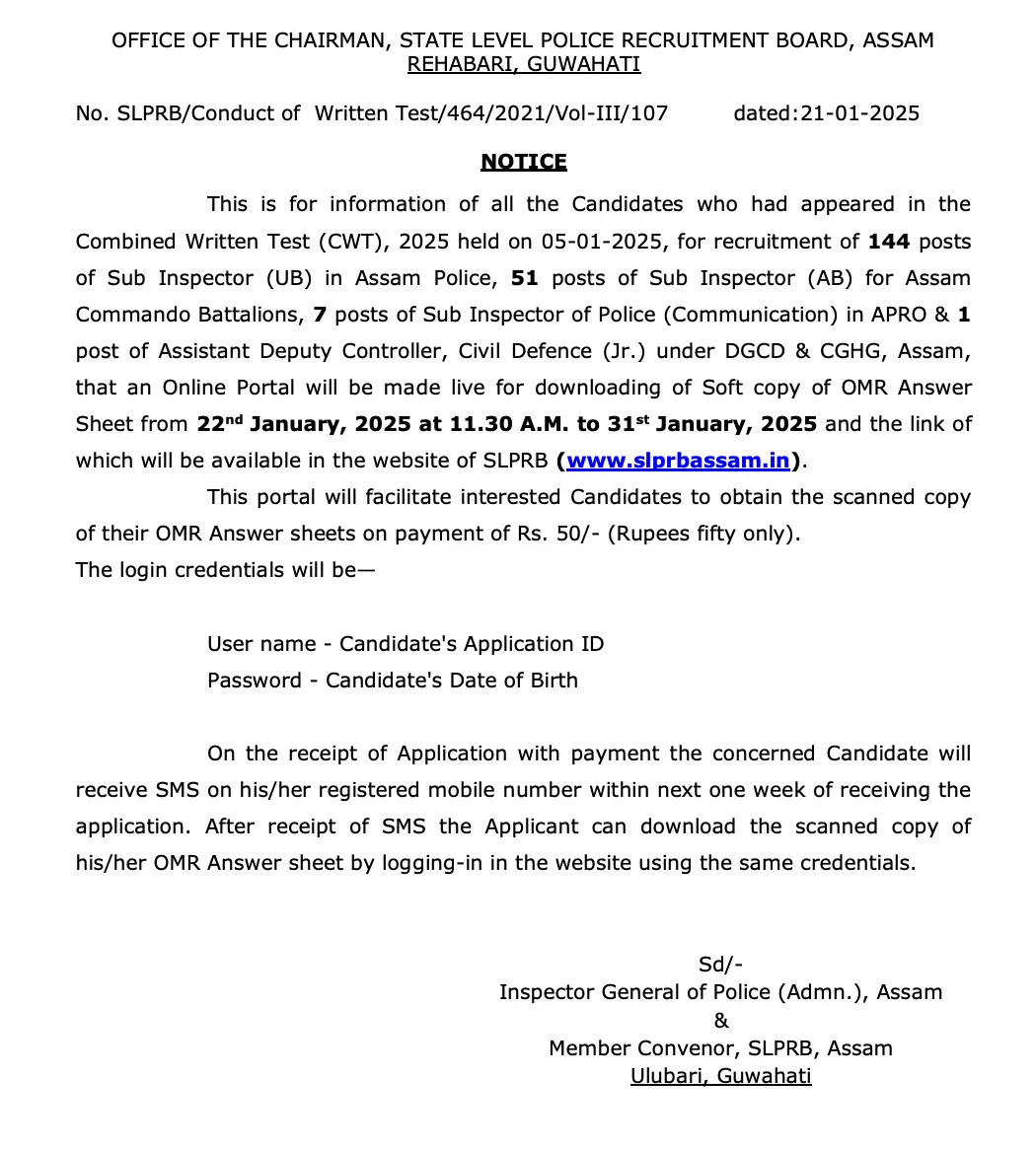 Assam Police SI Answer Key 2025 Out, Download OMR Answer Sheet_3.1