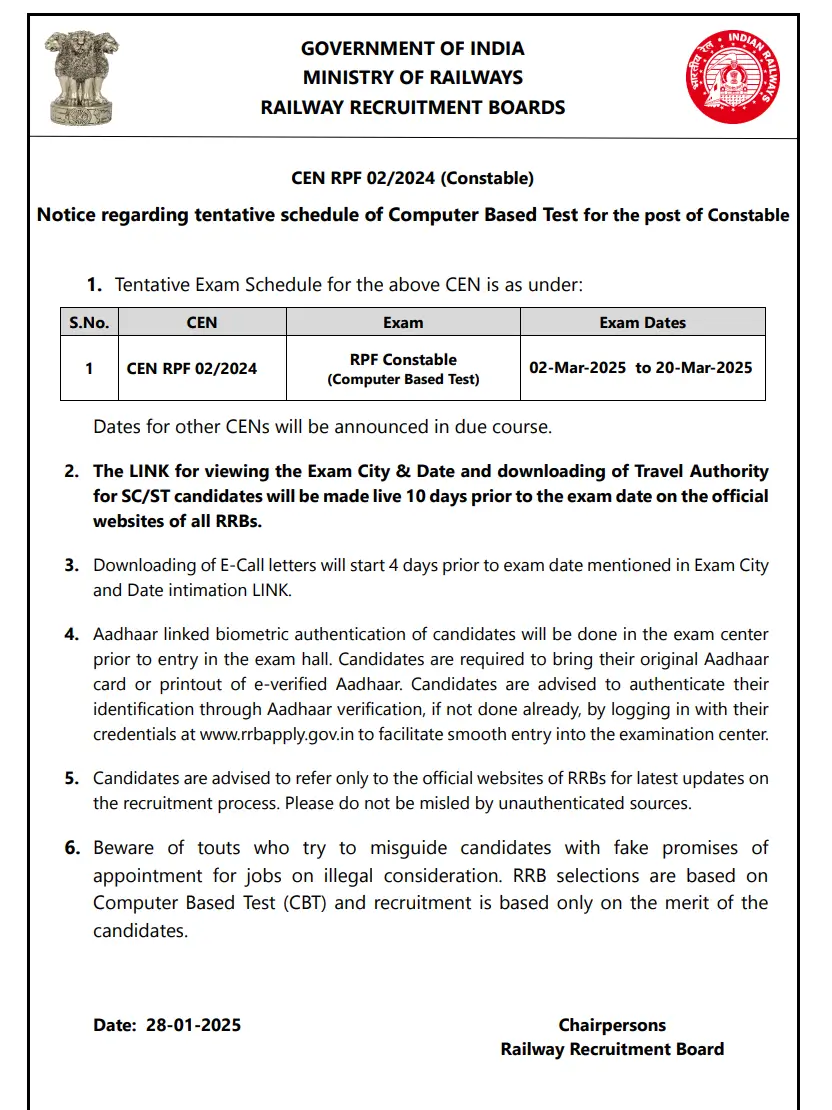 Railway RPF Constable Exam Date 2025 Out, Check CBT Schedule