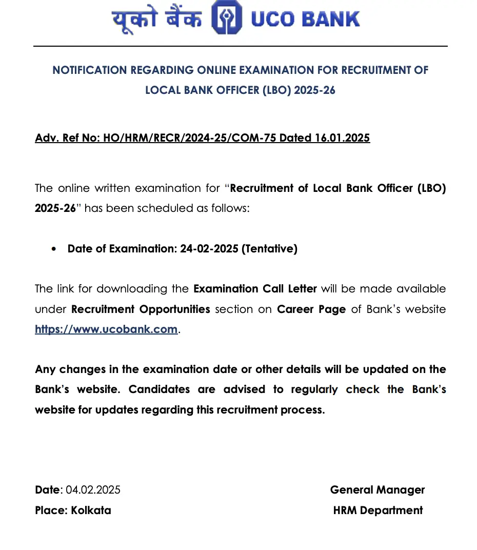 UCO Bank LBO Exam Date 2025 and Call Letter Out for 250 Vacancies