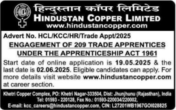 Hindustan Copper Limited (HCL) Trade Apprentice Recruitment 2025 for 209 Vacancies_3.1