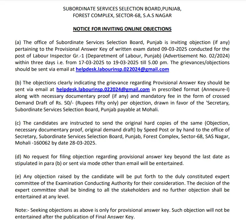 PSSSB Labour Inspector Answer Key 2025 Out, Download Response Sheet_3.1