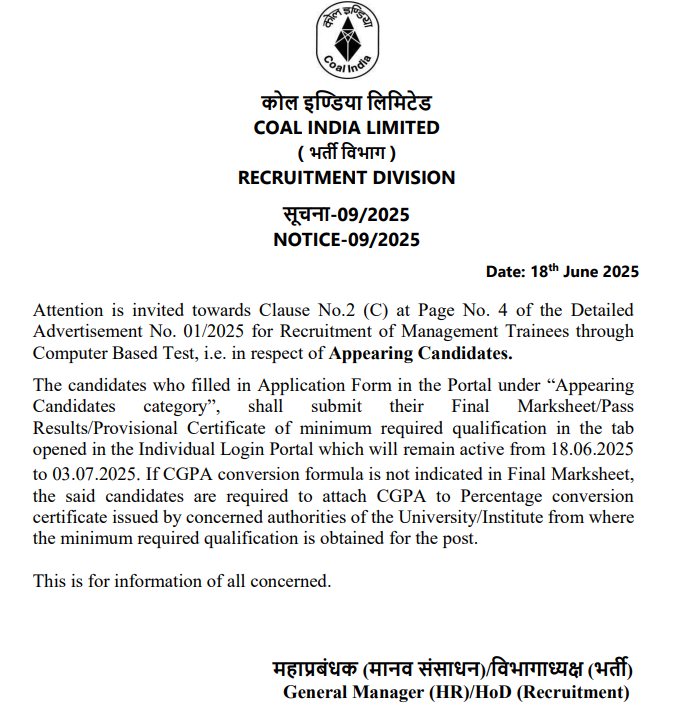 Coal India MT Recruitment 2025 for 434 MT Vacancies_3.1