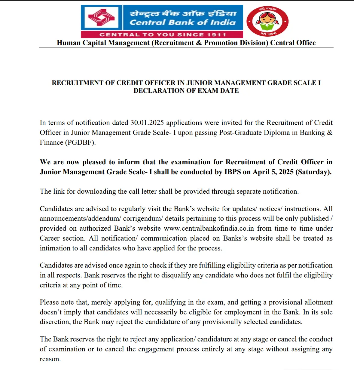 Central Bank of India Credit Officer Exam Date 2025 Out, Check Schedule_3.1