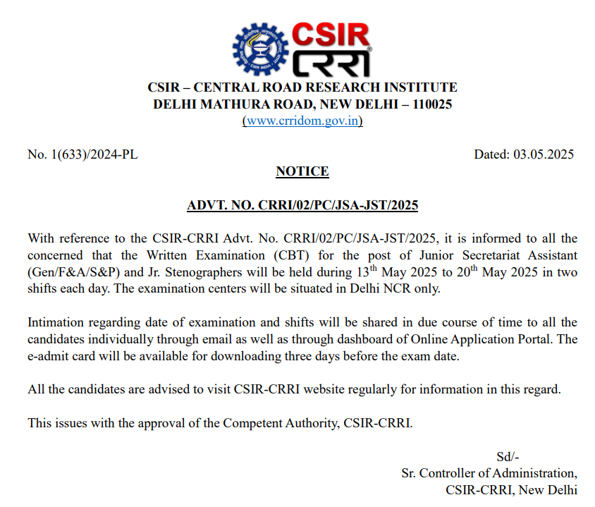 CSIR CRRI Exam Date 2025 Out for 209 JSA & Steno Vacancies, Check Official Notice_3.1