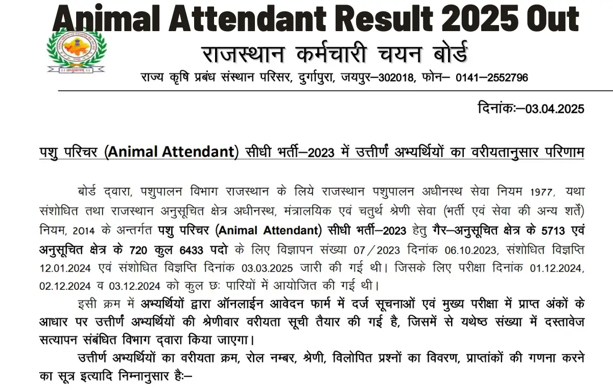 Animal Attendant Result 2025