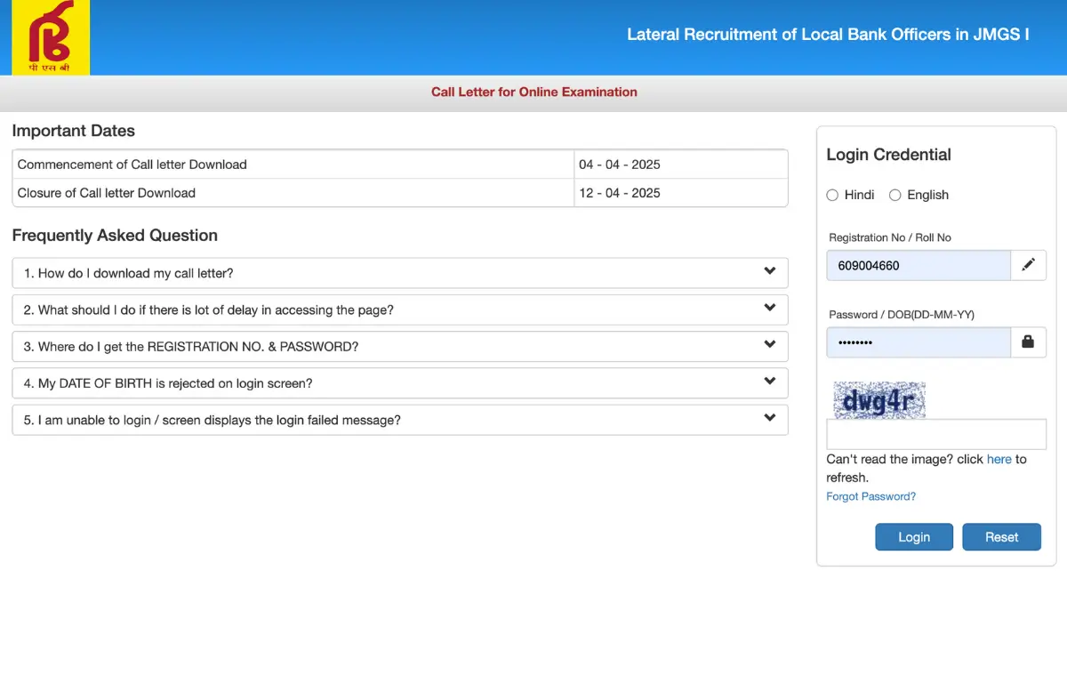 Punjab Sind Bank Admit Card 2025