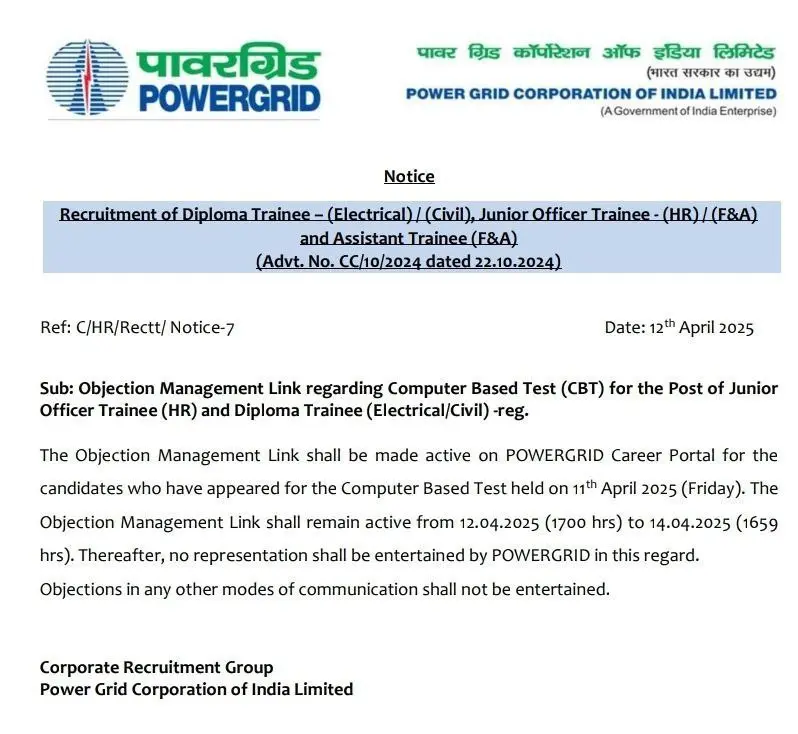 PGCIL Diploma Trainee Answer Key 2025 Out, Raise Objections Till 14 April_3.1