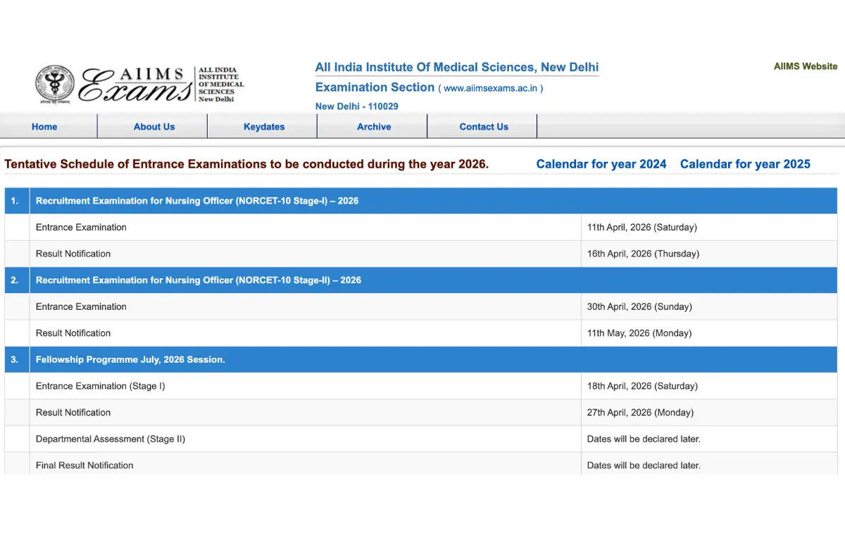 AIIMS Exam Calendar 2026