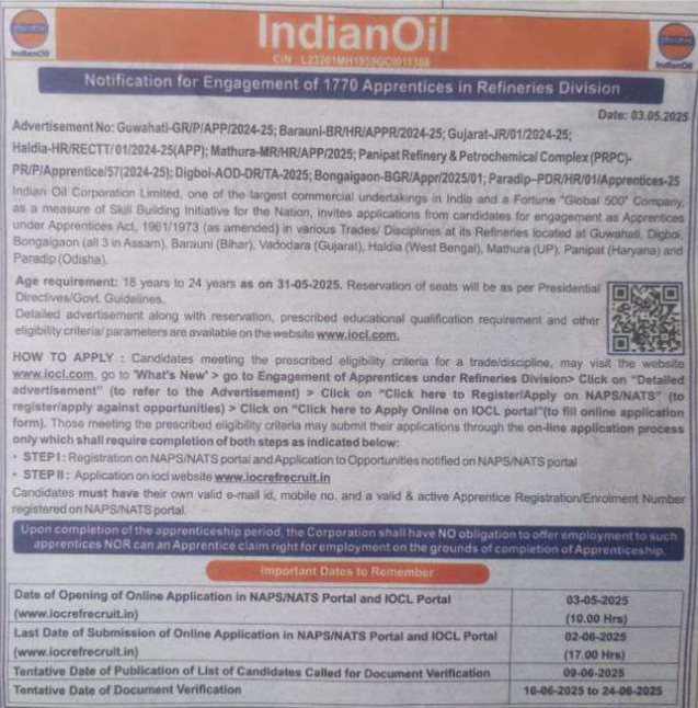 IOCL Apprentice Recruitment 2025 Notification Out for 1770 Vacancies_3.1