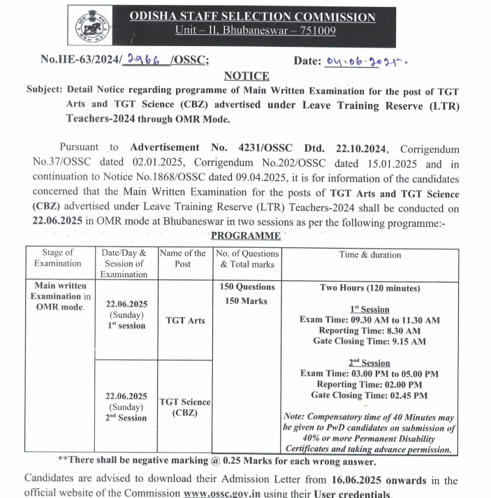 OSSC LTR Mains Exam Date 2025 Out, TGT Exam on 22 June_3.1