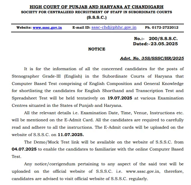 Punjab and Haryana High Court Exam Date 2025 Out for Stenographer_3.1