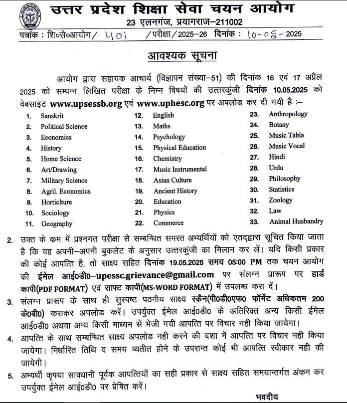 UPHESC Assistant Professor Answer Key 2025 Out, Subject-wise Key PDFs_4.1