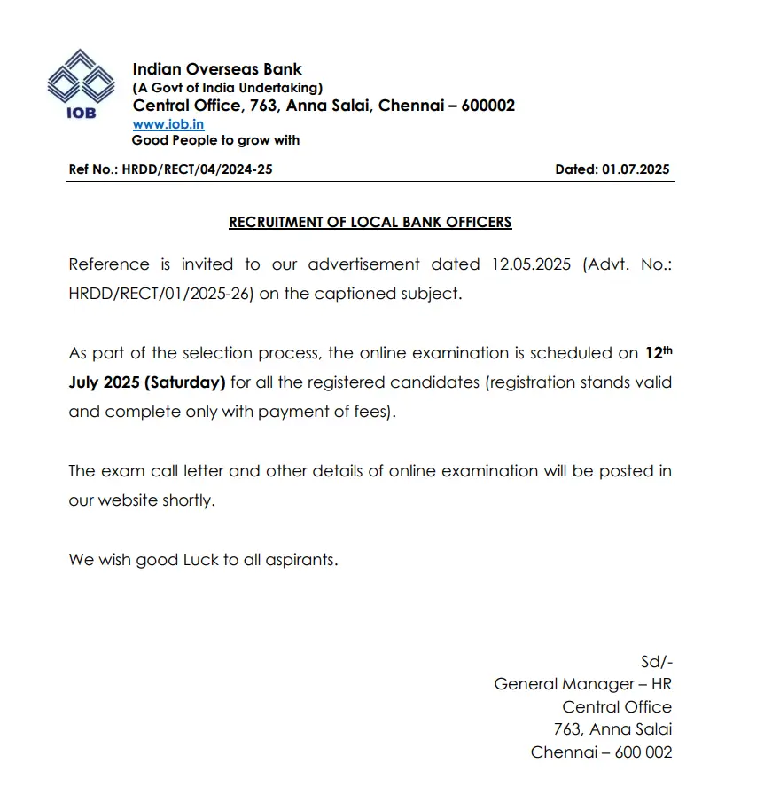 Indian Overseas Bank LBO Exam Date 2025 and Call Letter Out for 400 Vacancies_3.1