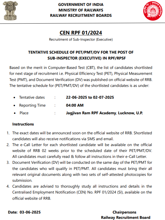 RPF SI Physical Test 2025: PET/ PMT Dates Out Male and Female Candidates_3.1