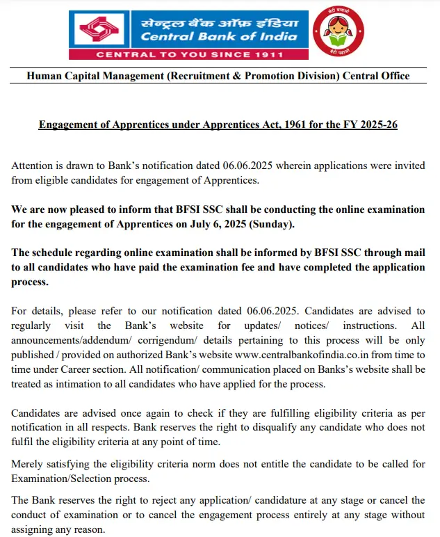 Central Bank of India Apprentice Exam Date 2025 Out, Check Official Schedule_3.1