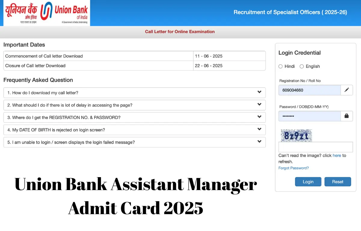 Union Bank Assistant Manager Admit Card 2025