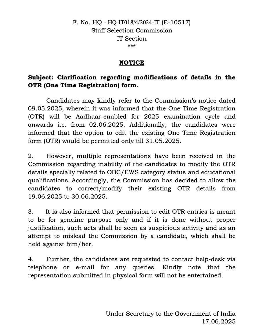 SSC OTR 2025 Reopen - One Time Registration Modification Link Active_3.1