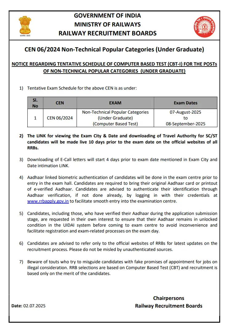RRB NTPC Exam Date 2025 Out, Undergraduate Exam Begins on 7 August_3.1