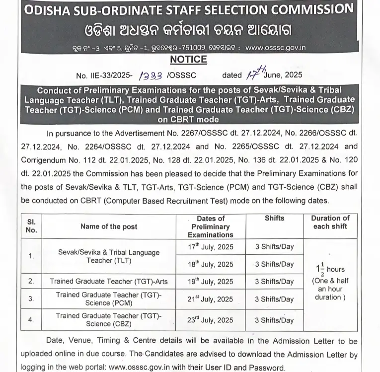 OSSSC Sevak Sevika Exam Date 2025 Out, Check Exam Schedule_3.1