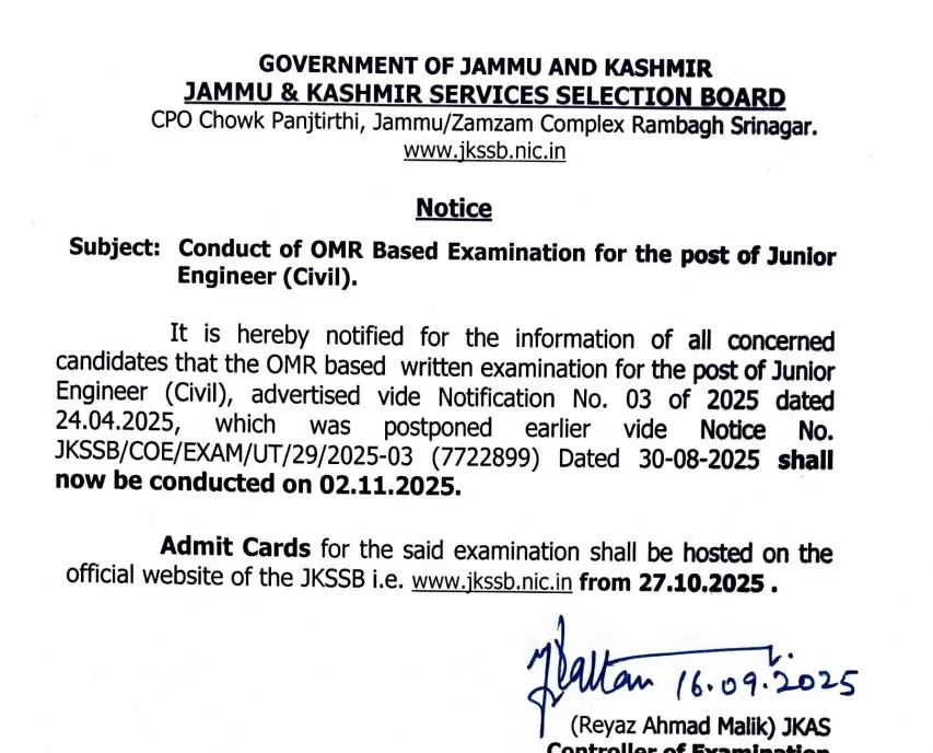 JKSSB JE Admit Card 2025, Check New Schedule_5.1