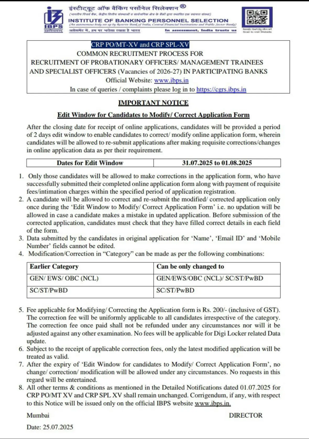 IBPS PO Dates Correction