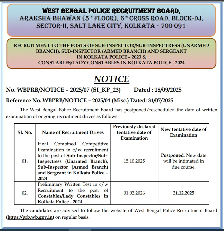 Kolkata Police Constable Exam Date 2025 Out, Prelims Exam Rescheduled for 21 Dec_3.1