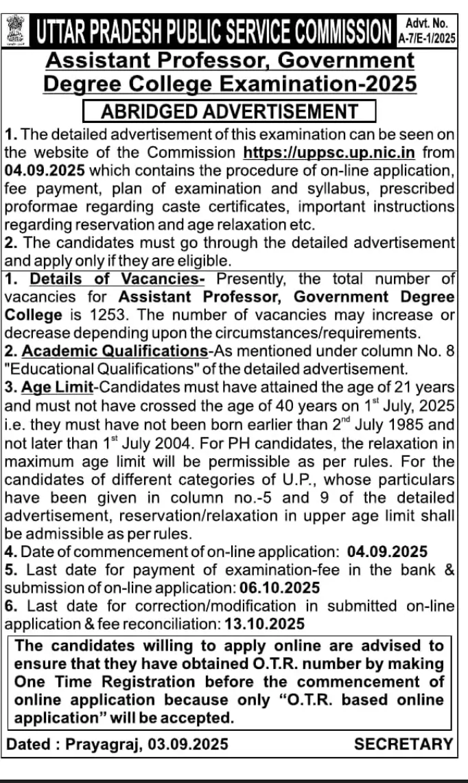 UPPSC Assistant Professor Recruitment 2025 Notification Out for 1253 Vacancies_3.1