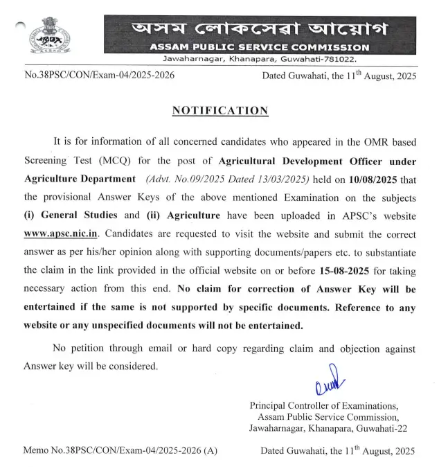 APSC ADO Answer Key 2025 Out, Response Sheet PDF_3.1