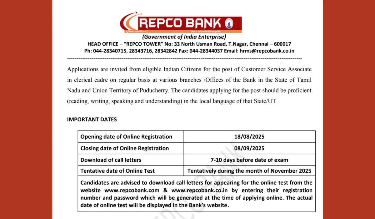 REPCO Bank Clerk Recruitment 2025