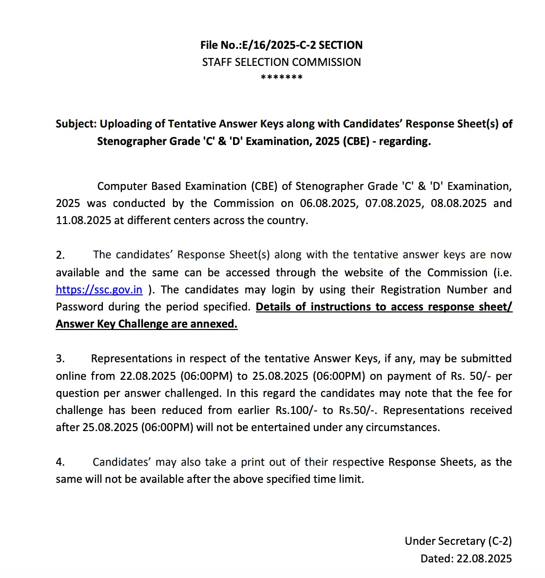 SSC Stenographer answer key 2025
