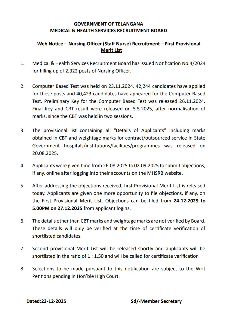 MHSRB Nursing Officer Result 2025 Out, 1st Merit List PDF & Raise Objection_3.1