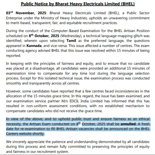 BHEL Artisan Exam 2025 for 515 Vacancies Cancelled, New Exam Date Soon_3.1