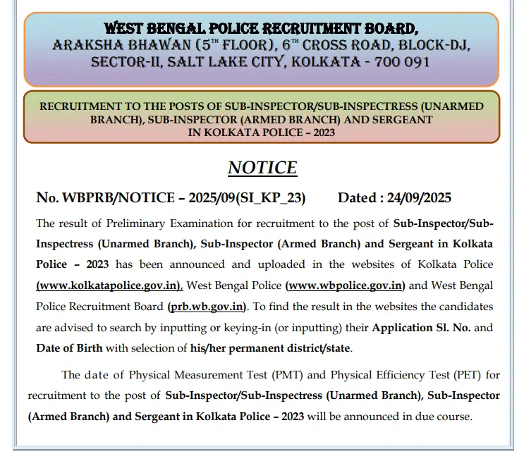 Kolkata Police SI Result 2025 Out, Written Test Result and Score Card Link_3.1