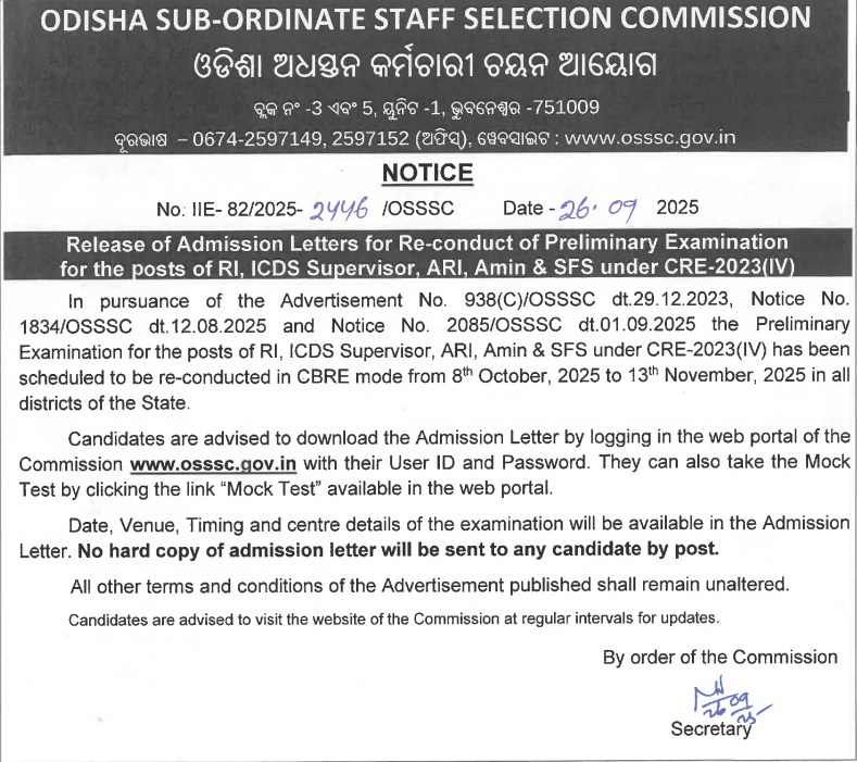OSSSC CRE Prelims Exam Date 2025 Out for RI, ARI, AMIN Vacancies_3.1