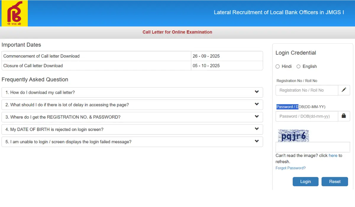 Punjab and Sind Bank LBO Admit Card 2025