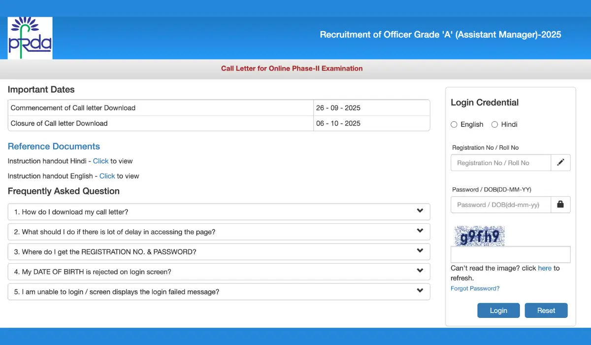 pfrda grade a mains admit card
