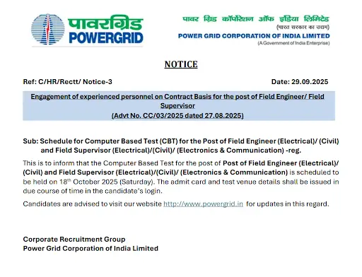 PGCIL Exam Date 2025 Out for Field Supervisor and Engineer Exam (1543 Posts)_4.1
