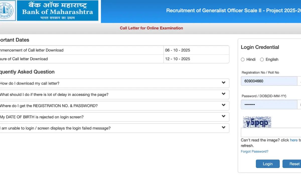 Bank of Maharashtra Generalist Admit Card 2025